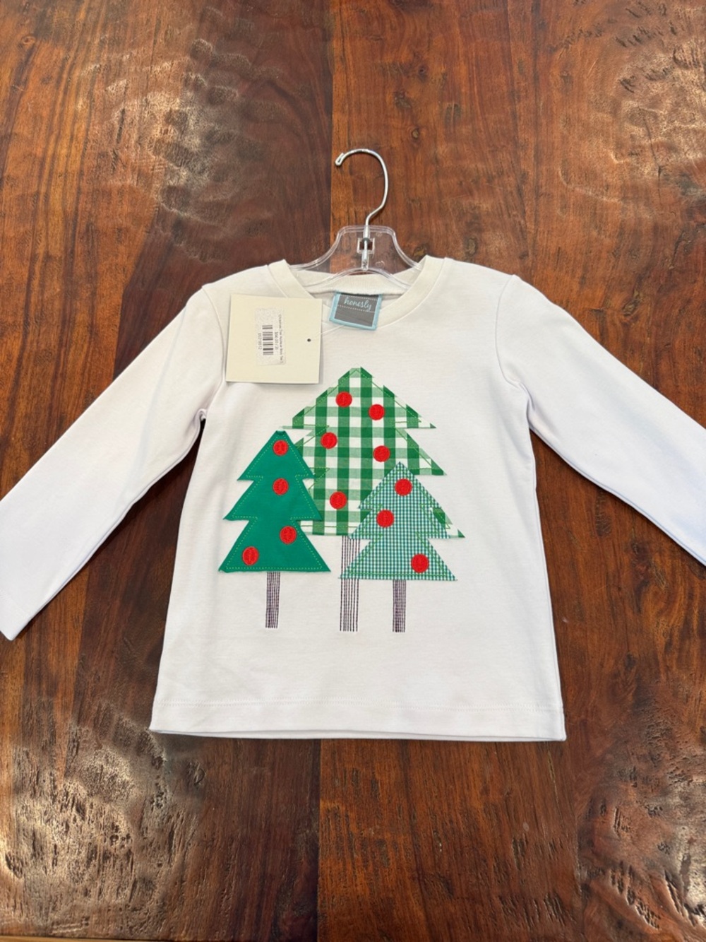 White Kids Long-Sleeve Tee with Green Christmas Tree Graphic